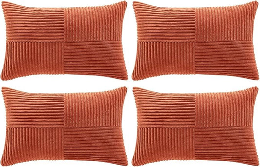 Fancy Homi Set of 4 Burnt Orange Lumbar Decorative Throw Pillow Covers 12x20 Inch for Living Room Couch Bed, Boho Farmhouse Fall Home Decor, Soft Corduroy Cross Patchwork Cushion Case 30x50 cm
