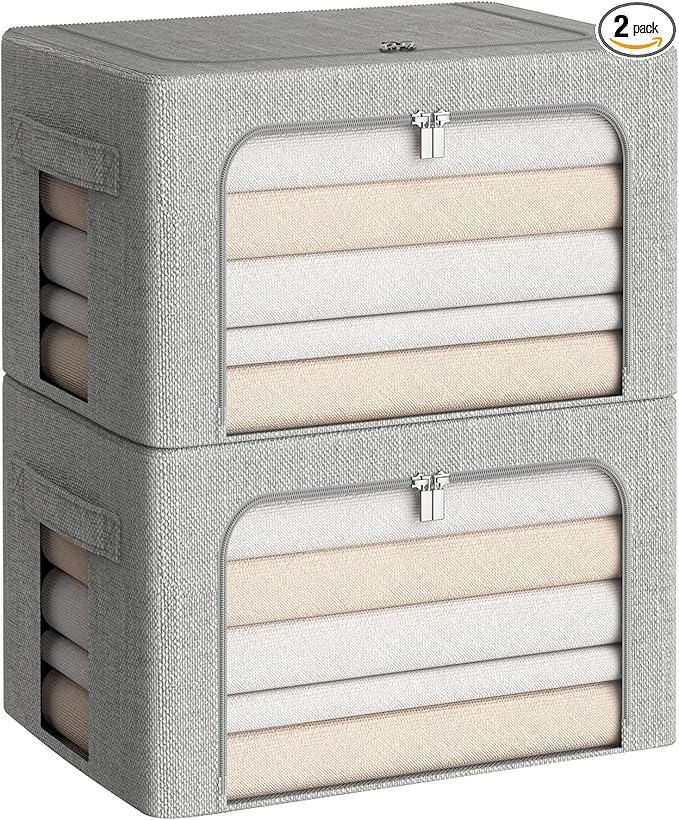 Clothes Storage Bins Box - Linen Fabric Foldable Stackable Container Organizer Set with Clear Window & Carry Handles & Metal Frame (Light Grey, Medium-36L)