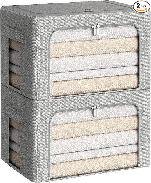 Clothes Storage Bins Box - Linen Fabric Foldable Stackable Container Organizer Set with Clear Window & Carry Handles & Metal Frame (Light Grey, Medium-36L)