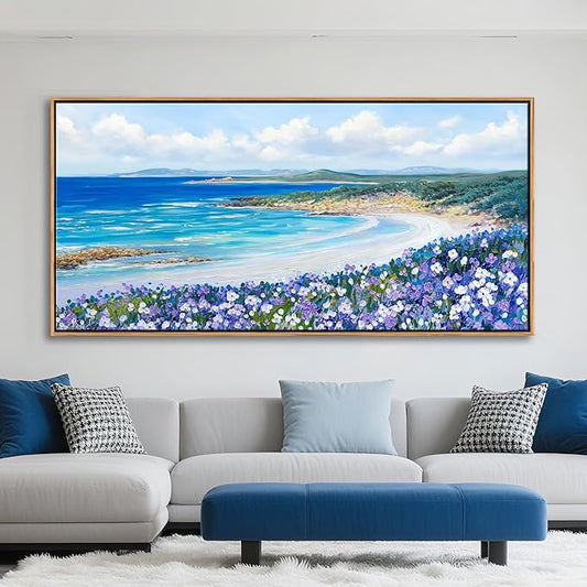 Mofutinpo Coastal Beach Wall Art,Large Purple Flower Landscape Canvas Wall Art for Living Room & Bedroom Decor, Framed Blue Beach Pictures & Paintings for Walls,Ocean Artwork for Home & Office 24x48IN