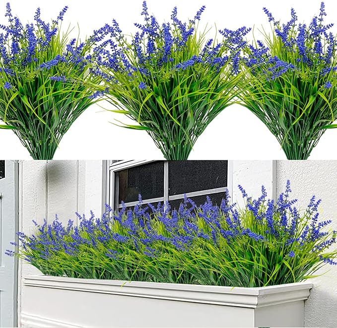 12 Bundles Outdoor Artificial Plants Flowers UV Resistant Fake Tall Grass Plants Bushes Faux Tropical Shrubs for Outside Window Box Planter Front Porch Yard Patio Floral Arrangement
