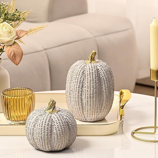 Fall Pumpkin Decor, Resin Pumpkin Figurine Set of 2, Decorative Fake Pumpkin for Decorating, Light Gray and Gold Glitter Pumpkins with Dots for Home Table Centerpiece, Wedding, Thanksgiving