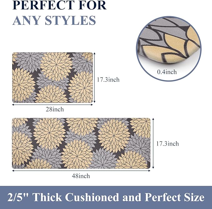HEBE Anti Fatigue Kitchen Rug Sets 2 Piece Non Slip Kitchen Mats for Floor Cushioned Kitchen Rugs and Mats Waterproof Comfort Standing Mat Runner for Kitchen,Home Office,Sink,Laundry
