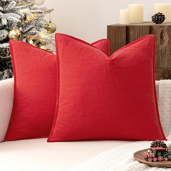 MIULEE Decorative Linen Pillow Covers 18x18 Inch Red Boho Farmhouse Neutral Couch Throw Pillows for Bed Pack of 2 Accent Modern Pillowcase Sofa Livingroom Home Decor