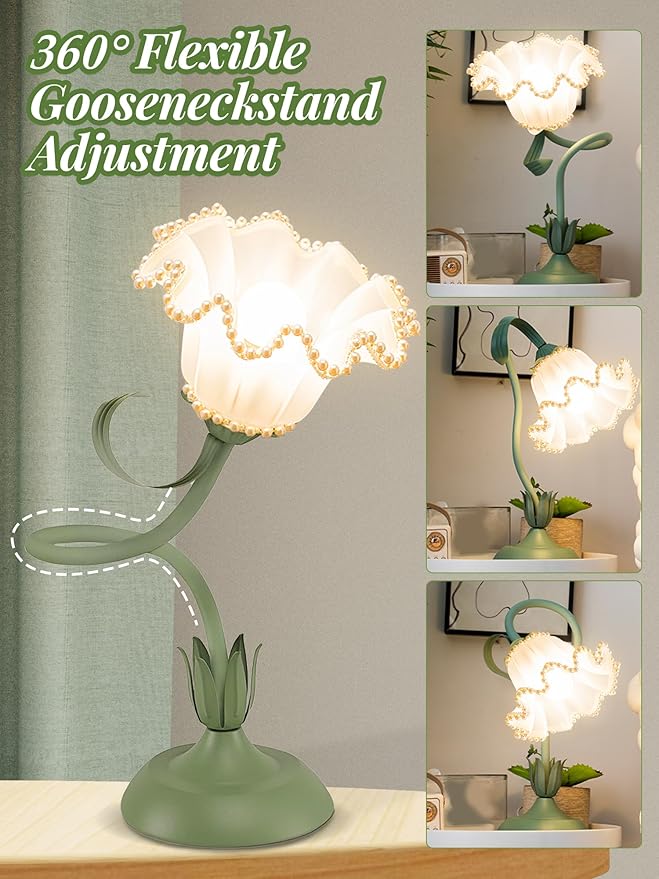 Flower Table Lamp Bedside Lamps LED Reading Light,3 Color Modes Cute Small Lamp,Vintage Flower Lamp Kawaii Table Lamp for Bedroom Living Room Office Dorm Desk Home Decor (Pearl Green lamp)