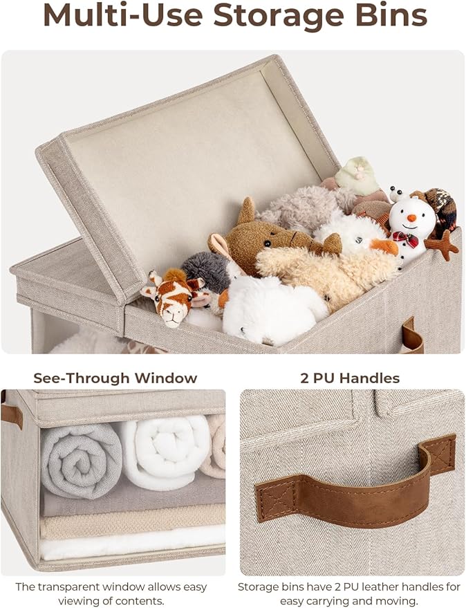 StorageWorks Storage Bins with Lid and Clear Window, Fabric Storage Boxes with Lids, Stackable Basket for Shelves, Closet Organizer and Storage Bins, Brown and Beige, Jumbo, 4-Pack