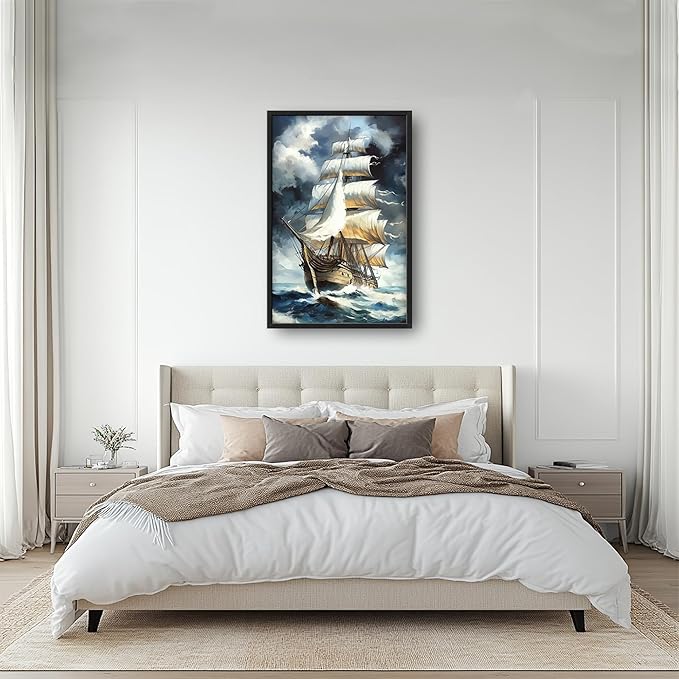 Lovira Sailing Ship Large Wall Art Sailboat Canvas Wall Decor Pictures Prints Painting Framed Modern Vertical Artwork for Living Room Bedroom Bathroom Office 24"x36"