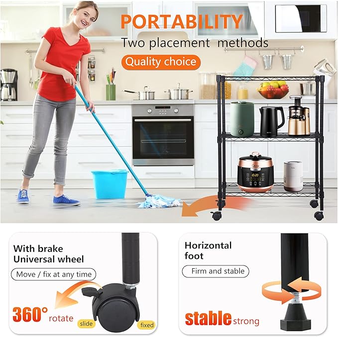 BestOffice | 3-Tier Wire Storage Shelves with Wheels | 23x13x31 | Black | Adjustable Racks | Heavy-Duty Metal Shelf, Holds Upto 170 lbs | No-Tool Assembly | Ideal for Home & Garage Shelving