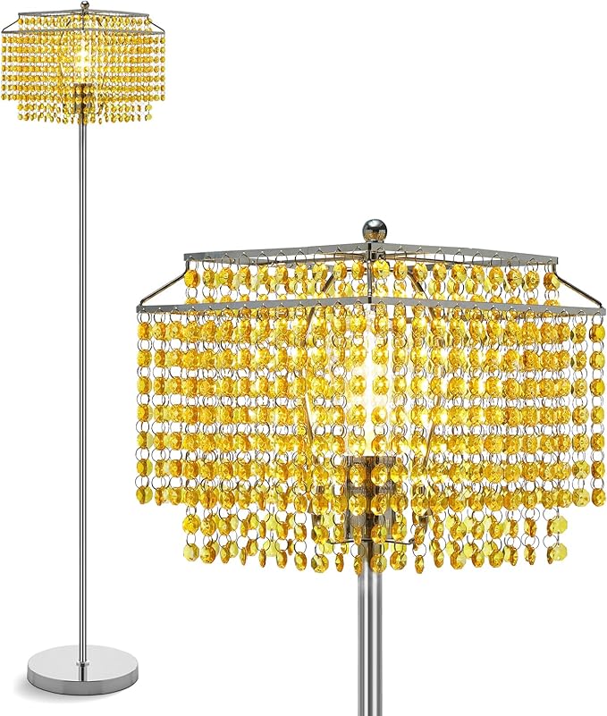 Luvkczc Crystal Floor Lamp Yellow, 64" Tall Elegant Standing Lamp with On-Off Foot Switch, Double-Layer Lampshade, Standing Lamps for Living Room, Bedroom, Office, 8W Bulb Included