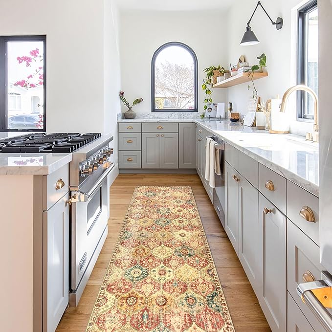 Lahome Moroccan Hallway Rug, 2'5''x8' Kitchen Runner Rugs Non Skid Washable Runners for Hallways, Ultra-Thin Oriental Carpet for Entryway Laundry Room Bedroom Bathroom, Red/Orange