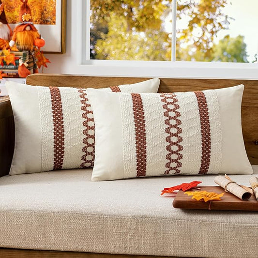 MIULEE Set of 2 Rust Fall Decorative Lumbar Pillow Covers 12x20 Inch Farmhouse Rustic Boho Couch Throw Pillows Modern Cotton Cushion Covers Retro Cute Macrame Woven Home Decor for Bed Sofa Chair