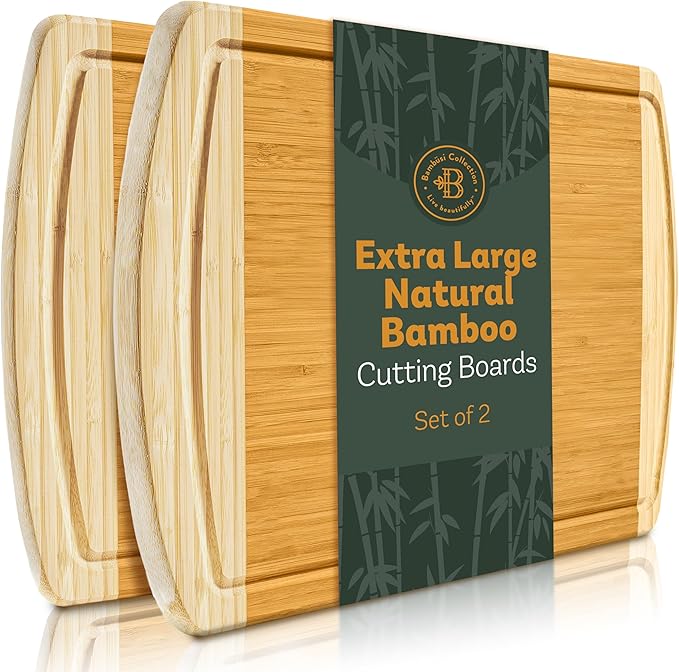 Bamboo Cutting Boards for Kitchen 2-PC Set - Wood Chopping Boards with Juice Groove, 18" x 12" Wooden Cutting Board for Vegetables, Fruit and Cheese Charcuterie Serving Tray XL