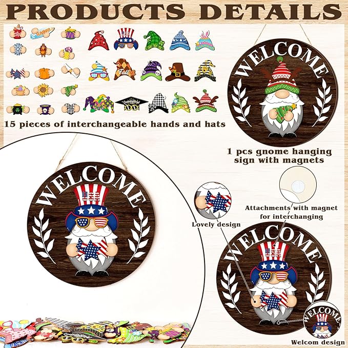 Qunclay Interchangeable Wooden Gnome Decor Holiday Seasonal Gnome Decorations with Magnet Pieces and Detachable Hats Changeable Welcome Sign for Home (Elegant Style)