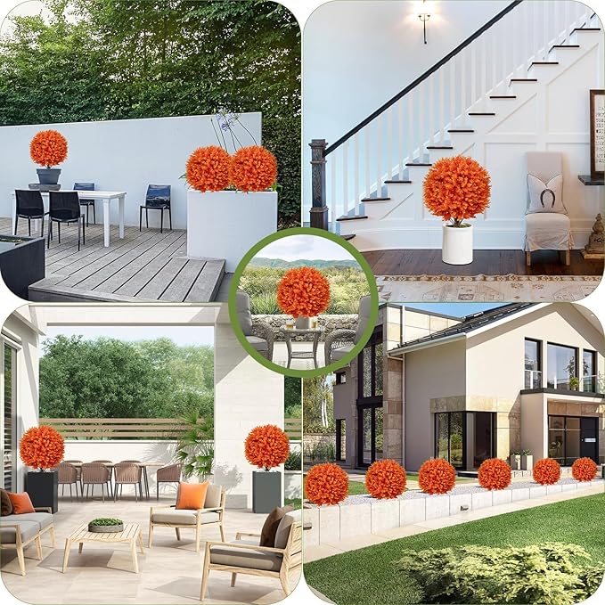 Artificial Orange Boxwood Topiary Ball Bush for Outdoor with Spike, Set of 2 UV Resistant Fall Faux Plant Boxwood Ball Tree with Stake Weatherproof Fake Round Topiary Shrub for Front Porch