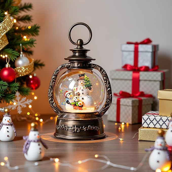Musical Snow Globe Lantern Lighted Snowman with Penguins Christmas Snow Water Lantern Swirling Glittering Home Decoration and Gift, Battery Operated or USB Powered