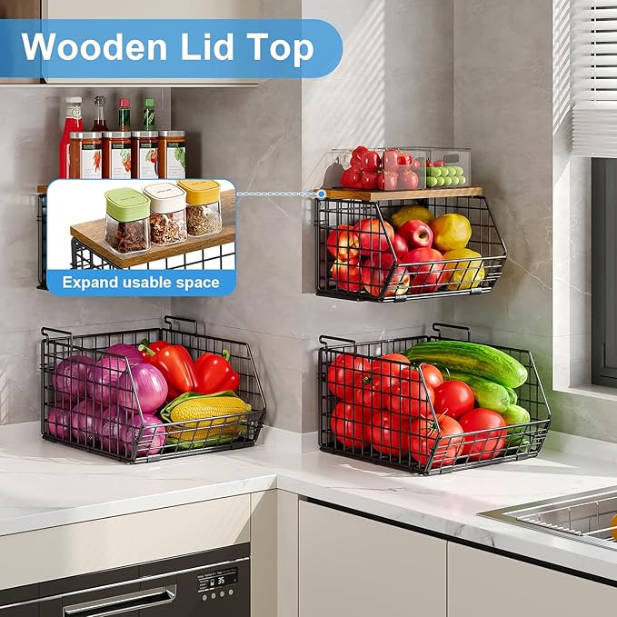 X-cosrack 2-Tier Stackable Wire Baskets with Wood Lids, Fruit Basket for Kitchen Counter, Wall-mounted Baskets for Potato and Onion Storage, Metal Baskets for Snack Produce Cans