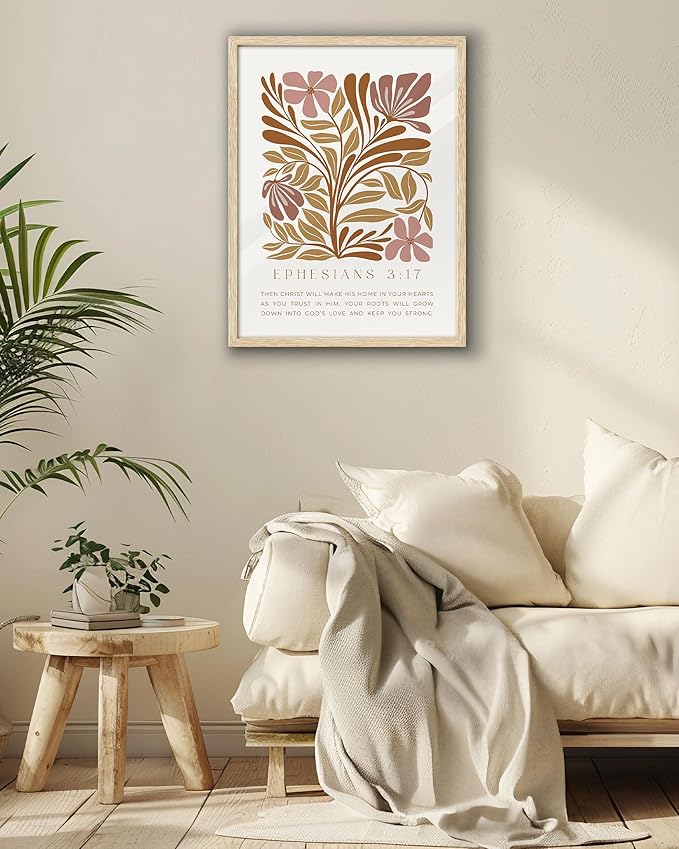 EcoHest Bible Verse Floral Framed Wall Art, 12x16 in OAK Wood Abstract Flowers Canvas Wall Art, Ephesians 3:17 Home Decor, Beige Logs Boho Christ Set of 1 for Bedroom Living Room