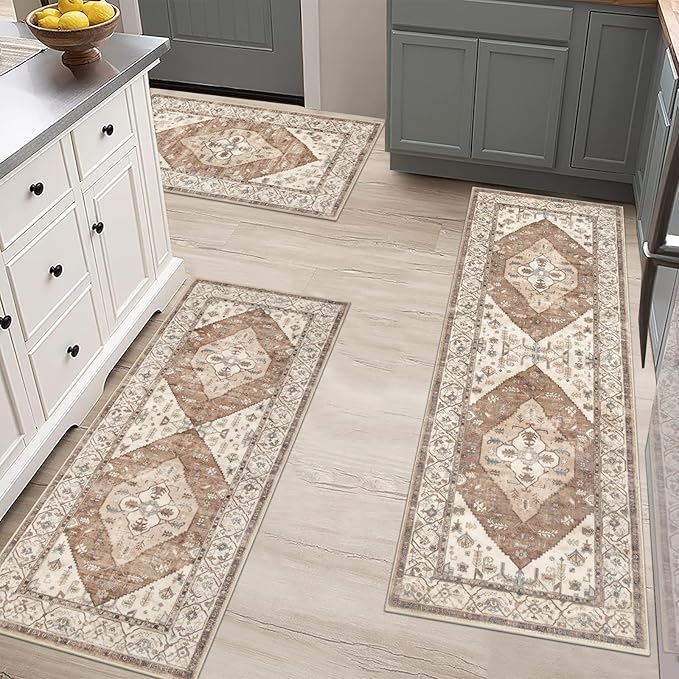 Pauwer Kitchen Mats for Floor 3 Piece Set Boho Non Slip Kitchen Rugs Washable Farmhouse Kitchen Floor Mats Thick Long Kitchen Throw Area Rug Carpet Runner for Hallway Laundry Bathroom, Caramel