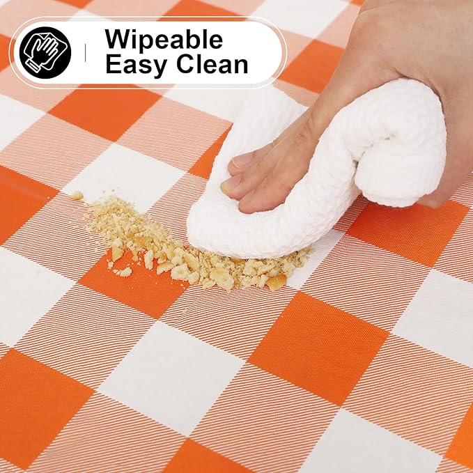 misaya Rectangle Waterproof Vinyl Table Cloth, Buffalo Flannel Backed Tablecloth, Wipeable Plastic Table Cover for Fall, Thanksgiving (52" x 70", Orange and White)