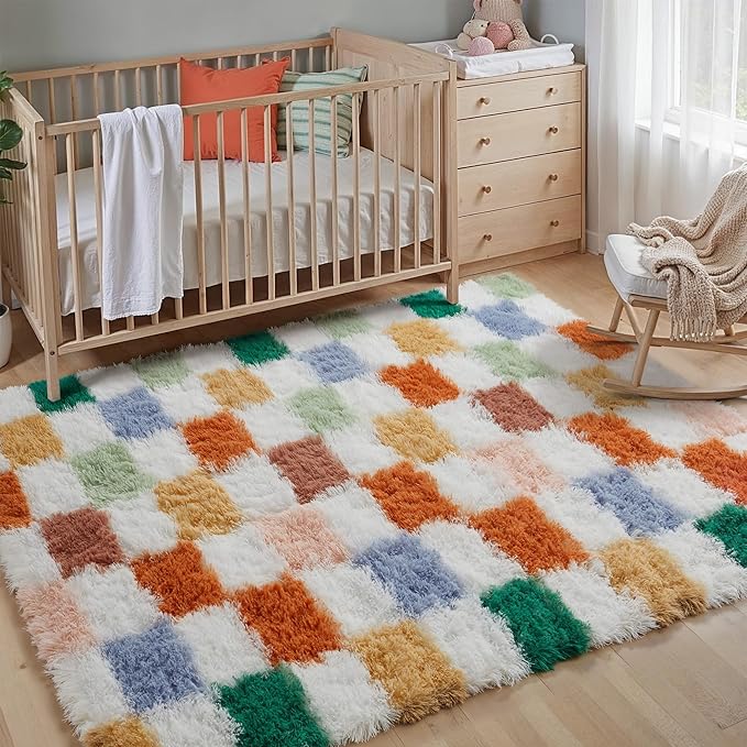 Checkered Rug 4x6 for Living Room, Modern Neutral Shag Rug Super Soft Washable Fluffy Rugs Indoor Fuzzy Carpet for Bedroom Home Dorm Aesthetic Decor