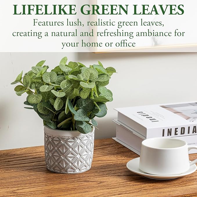 MyGift Artificial Eucalyptus Round Leaf Plant, Faux Bushy Green Leaves Potted in Gray Concrete Pot with Geometric Embossed Pattern, Indoor Home Table Decor