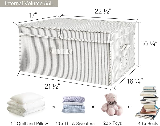 StorageWorks Extra Large Storage Bins with Lids, 55L Decorative Organizer with Divider Board, Fabric Boxes with Handles, Gray and White Stripes, 2-Pack