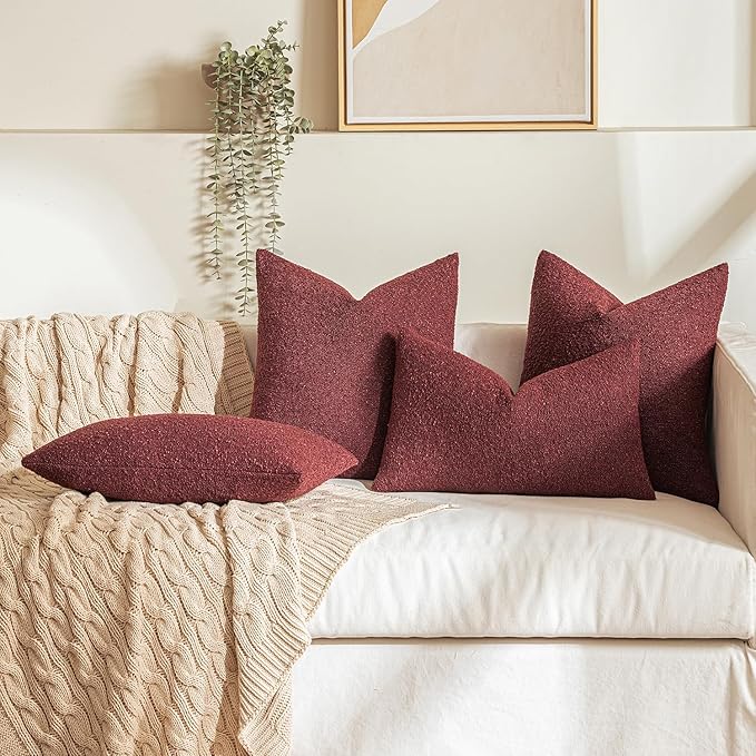 MIULEE 18x18 Inch Decorative Pillow Covers for Couch Bed Set of 2 Textured Boucle Neutral Throw Pillows Burgundy Accent Solid Cushion Pillowcase Cozy Soft Sofa Livingroom Home Decor
