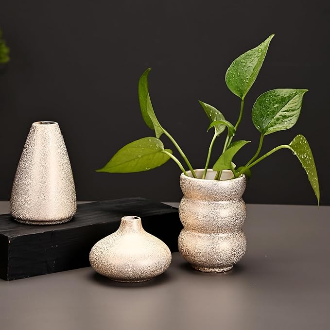 Set of 9 Ceramic Bud Vases for Pampas Grass Flowers, Small Vases in Bulk for Centerpieces Boho Vases for Wedding Decorations Neutral Living Room and Bedroom Decor DIY Gift (Gold)