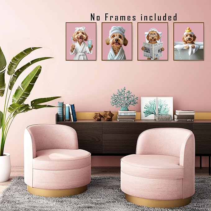 FITIE Funny Cockapoo Bathroom Wall Art Posters Set of 4, Dog Bathroom Decor, Pink Cute Bathrobe Toilet Bathing Cockapoo Dog Canvas Prints Artwork Wall Decor for Bath Wash Room, 8x10 Unframed