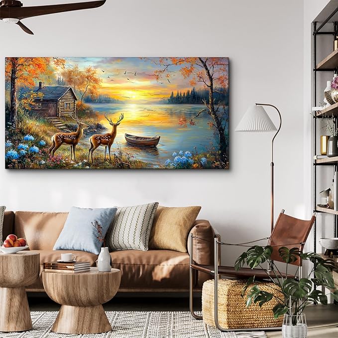 crmotu Autumn Landscape Wall Art, Elk Deer Animal Extra Large Canvas Painting, Lake Boat Sunset Scenery Art Prints, Forest Cottage Rustic Farmhouse Wall Decor Living Room Bedroom Dining Room 30X60 In