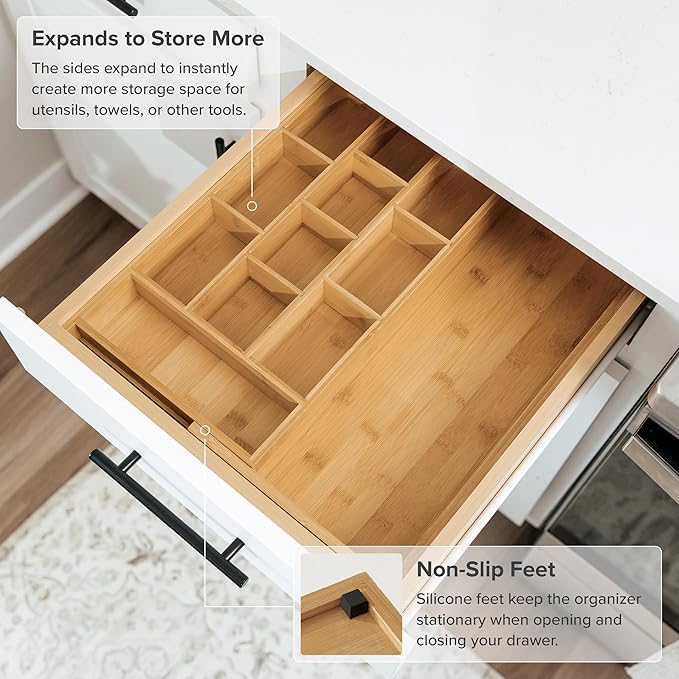 Tea Bag and Coffee Pod Kitchen Drawer Organizer, Expandable 9.7 to 17 Inches, 10 Accessory Compartments with Adjustable Wall Inserts, Non-Slip Rubber Feet, 100% Sustainable Bamboo Wood