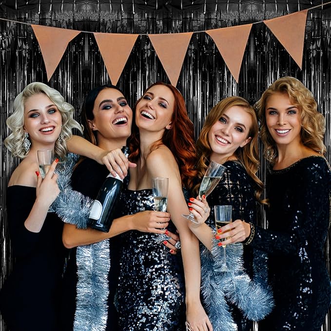 20 Pack Foil Curtain Backdrop Black Metallic Tinsel Foil Fringe Curtains Photo Booth Props for Birthday Wedding Engagement Baby Shower Bachelorette Christmas Holiday Celebration Party Decorations