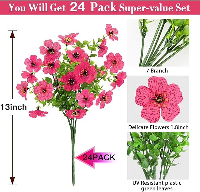 24 Bundles Artificial Flowers for Outdoors Decorations, Fake Flowers Artificial Plants Outdoor, Colorful Daisy Eucalyptus Realistic UV Resistant for Garden Patio Porch Home Decor, Rose Red