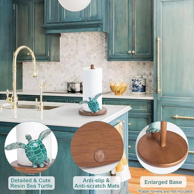 Turtle Paper Towel Holder - Coastal Decor for Home Ocean Decor Beach House Beachy Themed, Sea Turtle Gifts for Women, Cute Decorative Paper Towel Holder Stand Countertop Kitchen Nautical Teal Wood