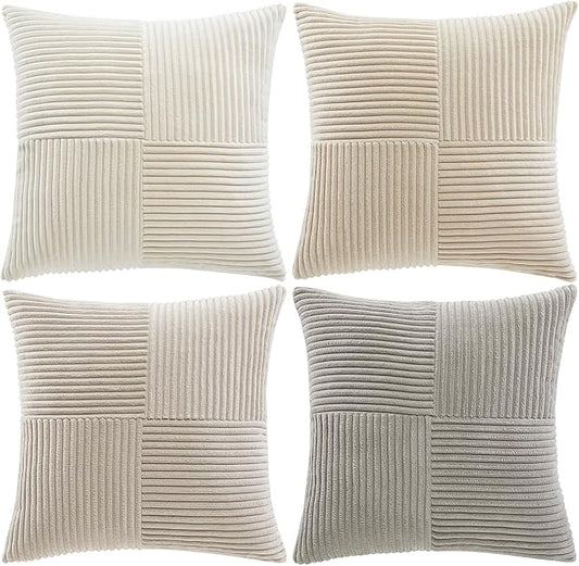 Fancy Homi 4 Packs Neutral Decorative Throw Pillow Covers 18x18 Inch for Living Room Couch Bed Sofa, Rustic Farmhouse Boho Home Decor, Soft Cross Striped Corduroy Patchwork Square Cushion Case 45x45cm