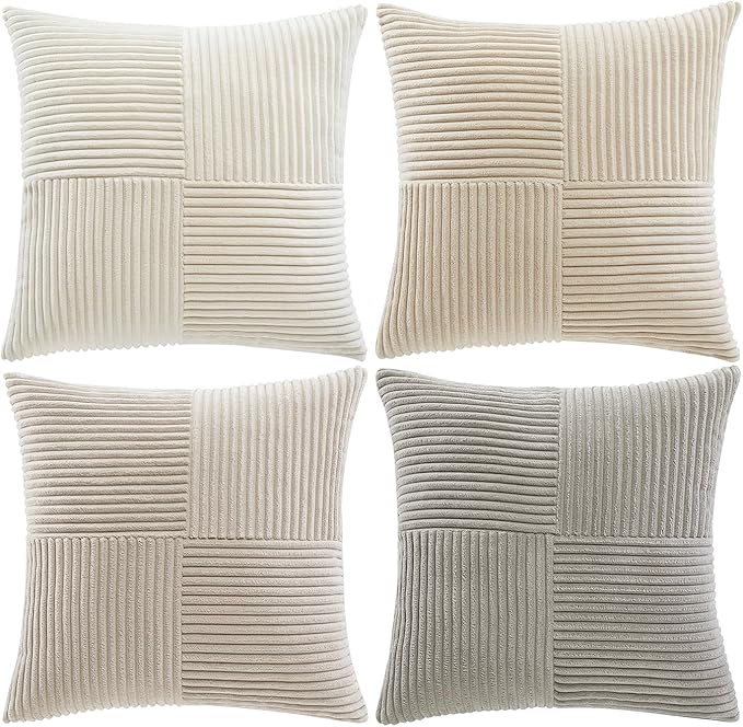 Fancy Homi 4 Packs Neutral Decorative Throw Pillow Covers 20x20 Inch for Living Room Couch Bed Sofa, Rustic Farmhouse Boho Home Decor, Soft Cross Striped Corduroy Patchwork Square Cushion Case 50x50cm