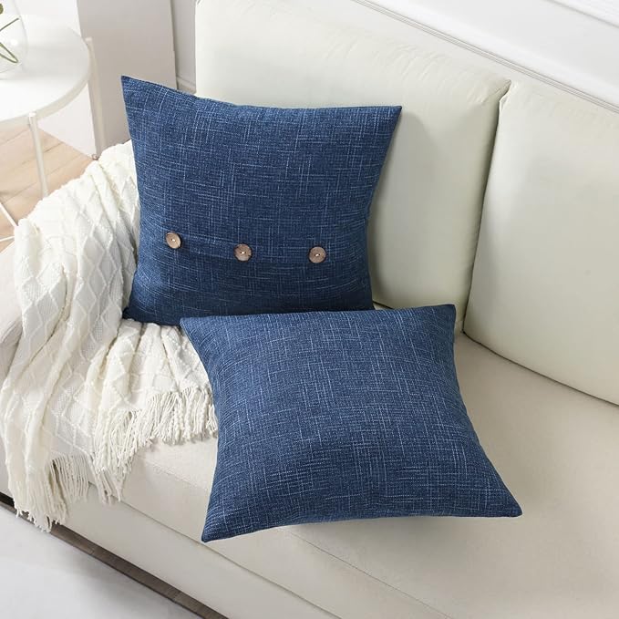 HAUSSY Navy Blue Linen Decorative Throw Pillow Covers 24x24 Inch Set of 2, Square Euro Cushion Case with 3 Vintage Buttons,Modern Farmhouse Home Decor for Couch,Bed