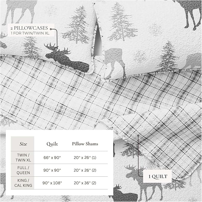 Lodge Bedspread Twin/Twin XL Size Kid's Quilt Set with 1 Sham. Cabin 2- Piece Reversible All Season Quilt Set. Rustic Quilt Coverlet Bed Set. Wilderness Collection (Moose - Grey)