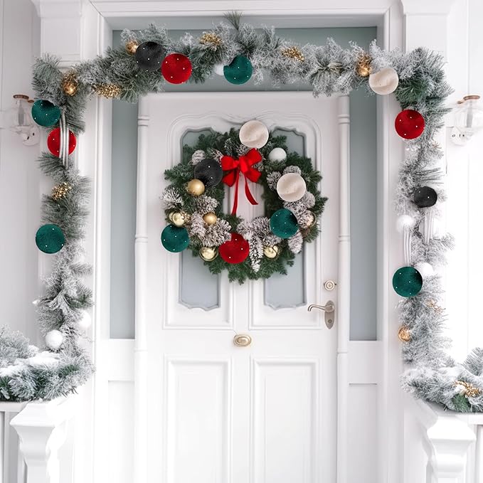 Christmas Tree Ornaments Set Velvet Balls, 12pcs Shatterproof Christmas Bulbs Ornaments for Xmas Tree Decorative Hanging, Vintage Flocked Decoration, 78mm, 3.1in, Multicolor Green Neutral Red Black