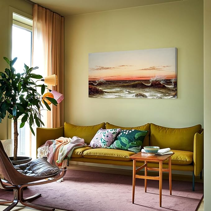 crmotu Vintage Large Wall Art, Ocean Sunset Canvas Art Prints, Coastal Landscape Nature Decor Artwork, Seascape Room Decorations Wall Pictures, Retro Paintings Wall Decor Living Room Bedroom 24"X48"