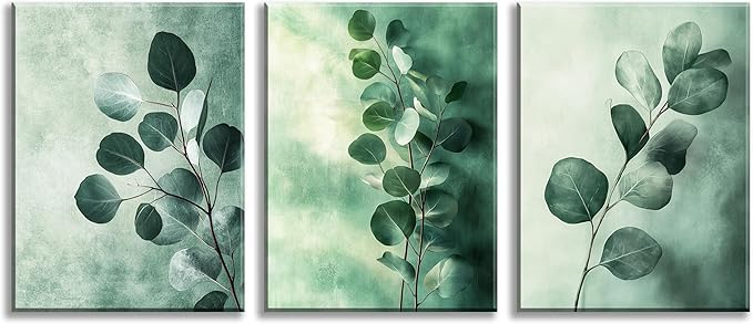 NAN Wind 3PCS Botanical Eucalyptus Canvas Wall Art Minimalist Sage Green Watercolor Leaves Modern Framed Canvas Wall Decor Nature Painting for Living Room Bedroom Office Decor