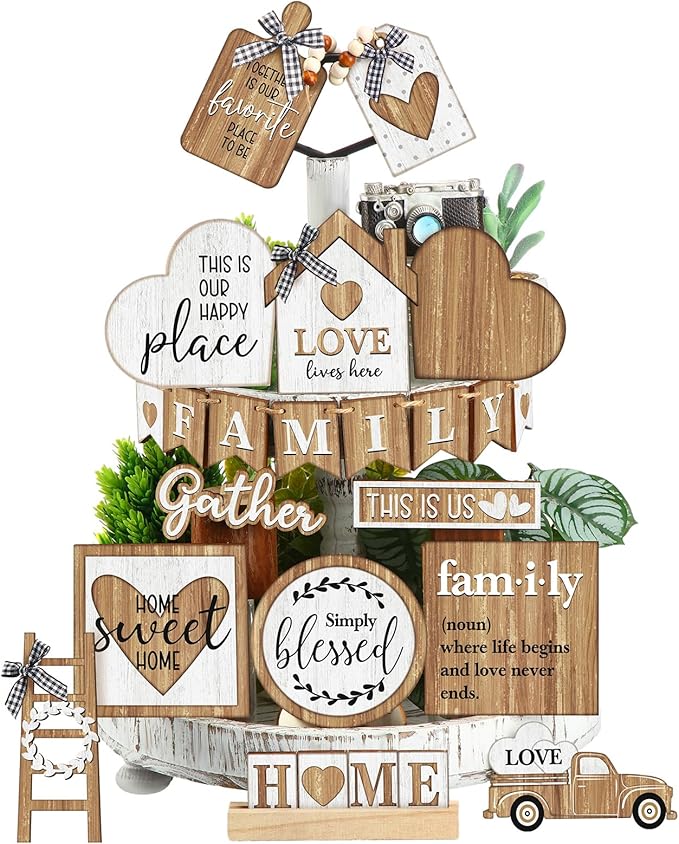 Yaomiao 21 Pcs Farmhouse Tiered Tray Decor Set Rustic Farmhouse Wood Sign Decor Items Vintage Rustic Family Gather Blessed Tiered Tray This Is Our Happy Place Sign for Home Kitchen Table Shelf