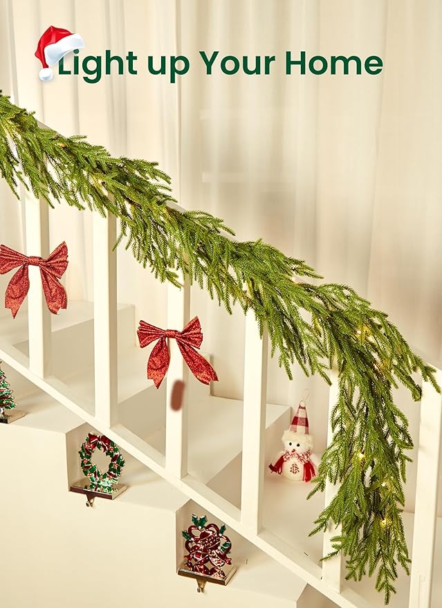 Brightown Christmas Garland with Lights, 6Ft Norfolk Pine Garlands, Battery Operated, White Lights, Prelit Garland for Mantle Fireplace Stairs Wall, Door Indoor Outdoor Christmas Decorations, 2 Pack