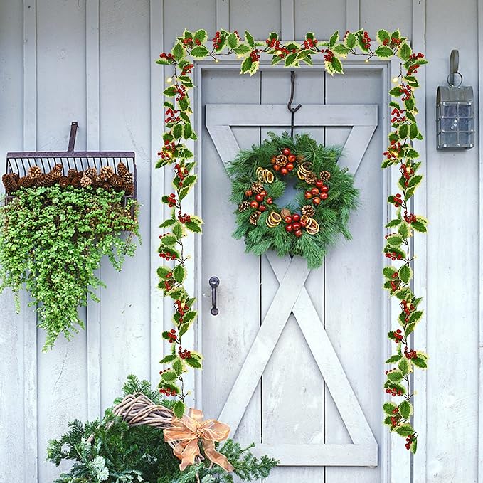 Juegoal 2 Pack Christmas Garlands, 9FT Pre-lit Red Berries & Holly Leaves Garland, Artificial Lighted Garland Battery Operated with Timer, Indoor Outdoor Xmas Fireplace Gate Home Winter New Year Decor