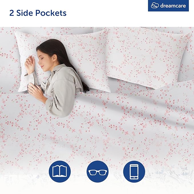 DREAMCARE Twin Sheets - Cooling Bed Sheets - Twin Sheet Set - Soft & Long Lasting 100% Fine Brushed Floral Blossom Sheets