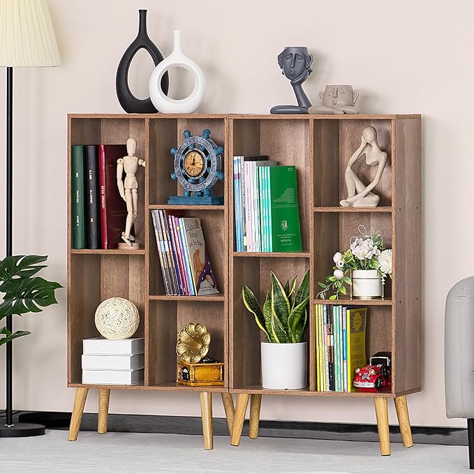LEYAOYAO 5 Cube Small Bookshelf,3 Tier Mid-Century Bookcase with Legs,Wood Kids Bookshelves Storage Organizer Shelf,Free Standing Narrow Book Shelves,Oak Grey Corner Bookcases for Bedroom,Living Room