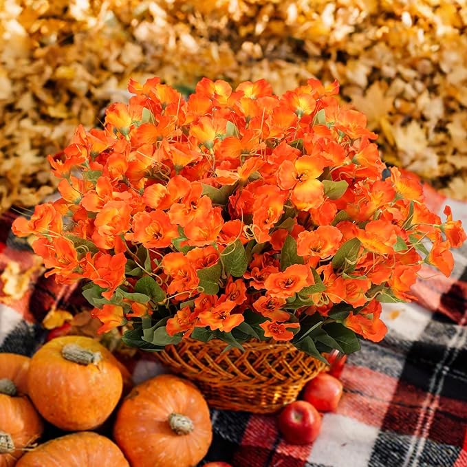 8 Bundles Fall Flowers Artificial for Decoration, Faux Fall Flowers for Outdoor Planters, Autumn Fake Hibiscus Syriacus Silk Flowers Plants Look Real UV Resistant for Outside Home Porch Patio