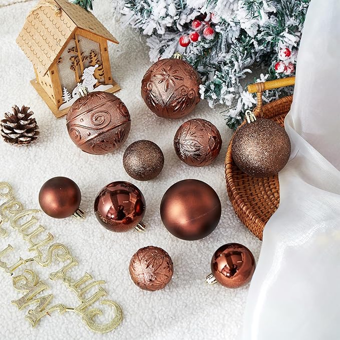 Wironlst Christmas Ball Ornaments - 30pcs Shatterproof Plastic Christmas Ornaments Hanging Ball Decorations for Xmas Tree, Holiday, Wedding, Party (Multi-Size, Brown)