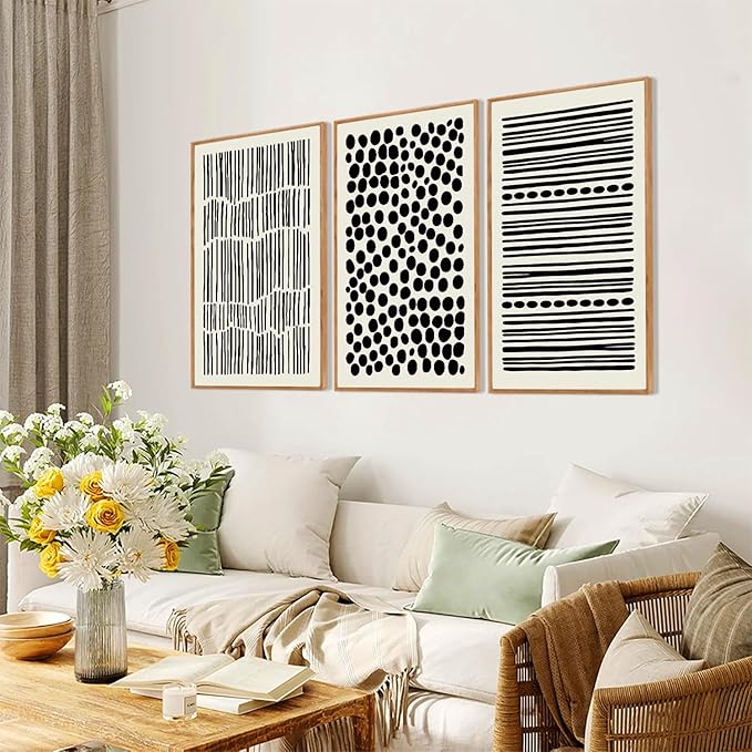 KAIRNE 3Pcs Black and White Boho Framed Canvas Wall Art Set, Minimalist Geometric Line Wall Decor, Abstract Black Wall Painting, Modern Neutral Art Print for Living Room, Bedroom, Kitchen 16x24inch