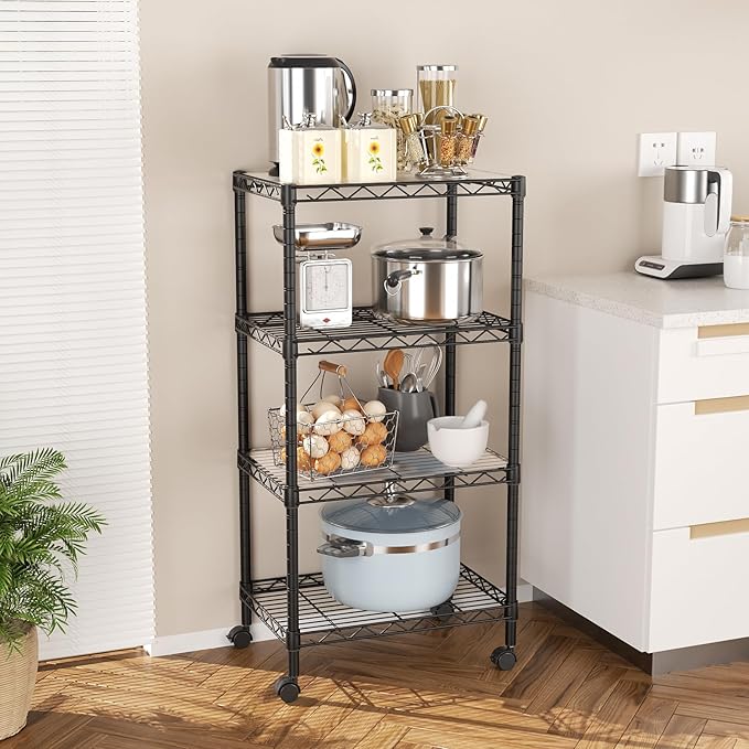 SINGAYE 4 Small Shelves Storage Shelf Wire Shelving Unit Metal Shelf Adjustable Organizers Storage Shelving with Wheels for Bathroom Laundry Room Kitchen Pantry12”D x 18”W x 45”H Black